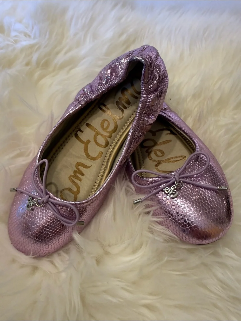 Sam Edelman Girls Shimmery Light Pink Ballet Flats with Bow Charm